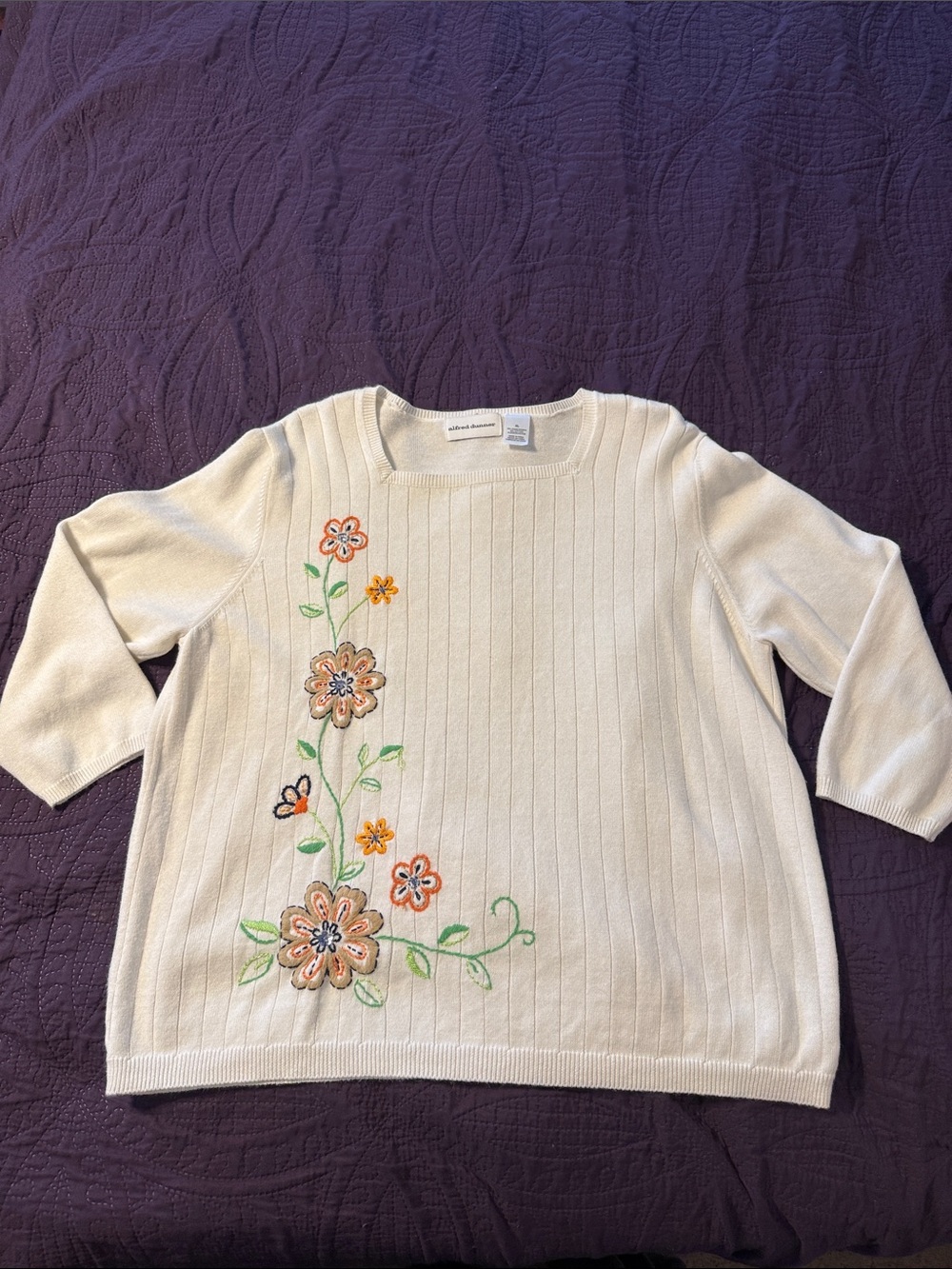 Women’s Cream Floral Embroidered Sweater Top 3/4 sleeve - Alfred Dunner XL